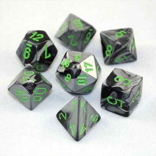 Chessex: Gemini Black-Grey/Green 7 Die Polyhedral Set - Gaming Library