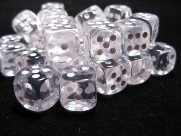 Chessex Dice Sets: Clear/White Translucent 12mm d6 (36) - Gaming Library