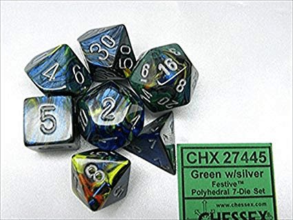Chessex: Festive Green/Silver 7-Die Polyhedral Set - Gaming Library